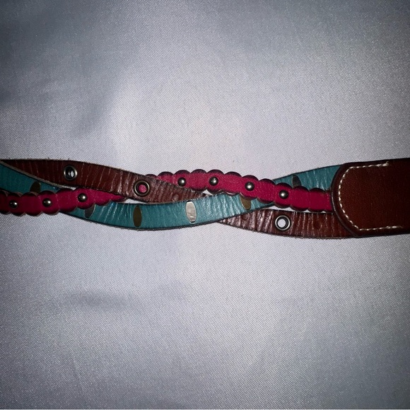 Fossil Women's Studded Braided Multi Color Leather Belt Size S Brown Aqua Pink - Picture 10 of 12